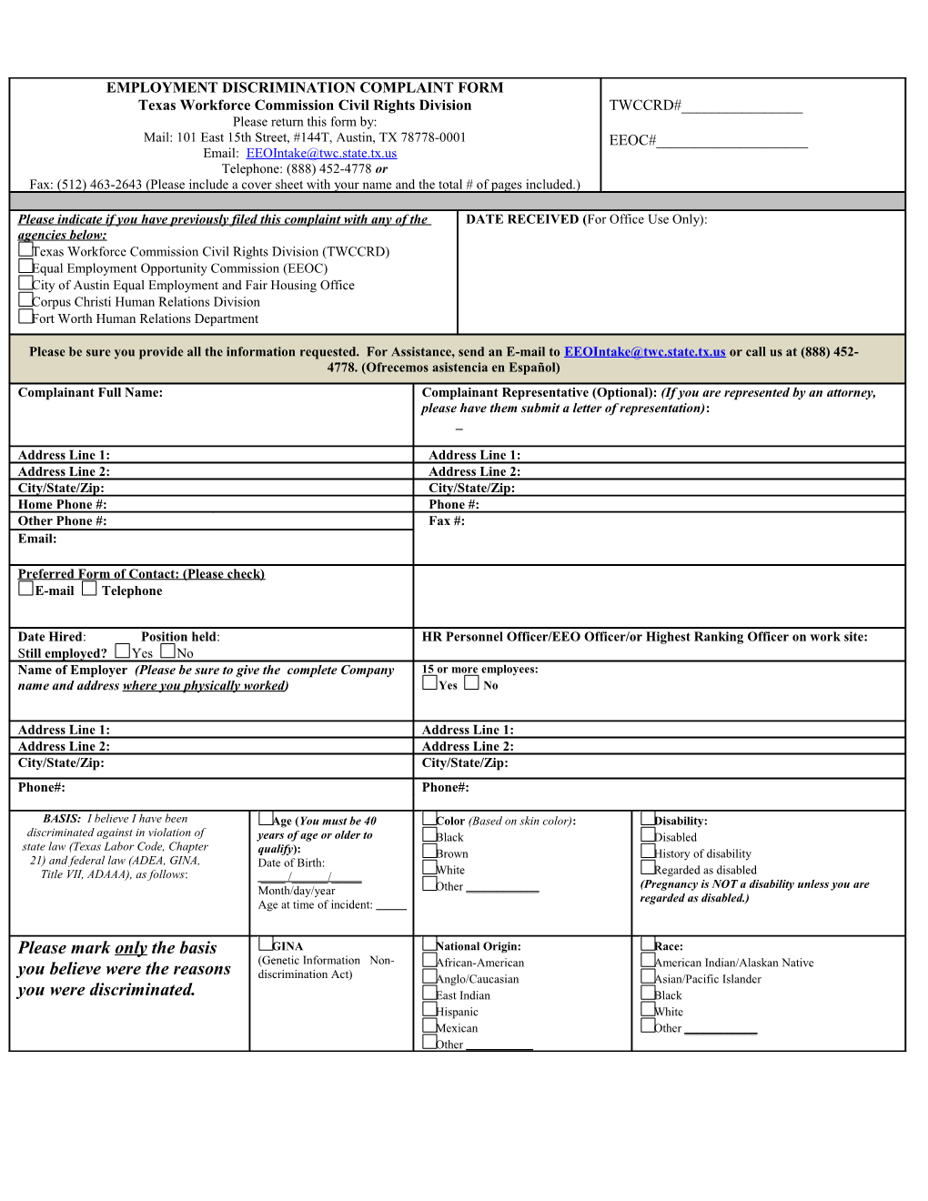 Employment Discrimination Complaint Form