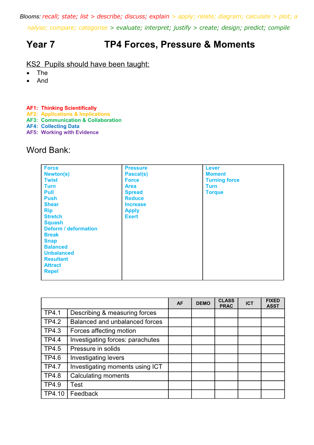 Year 7 TP4 Forces, Pressure & Moments