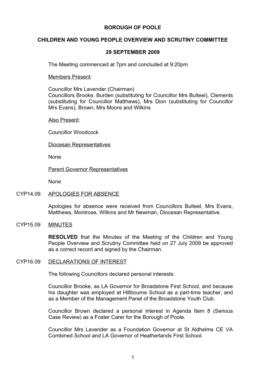 Minutes - Children and Young People Overview and Scrutiny Committee - 29 September 2009