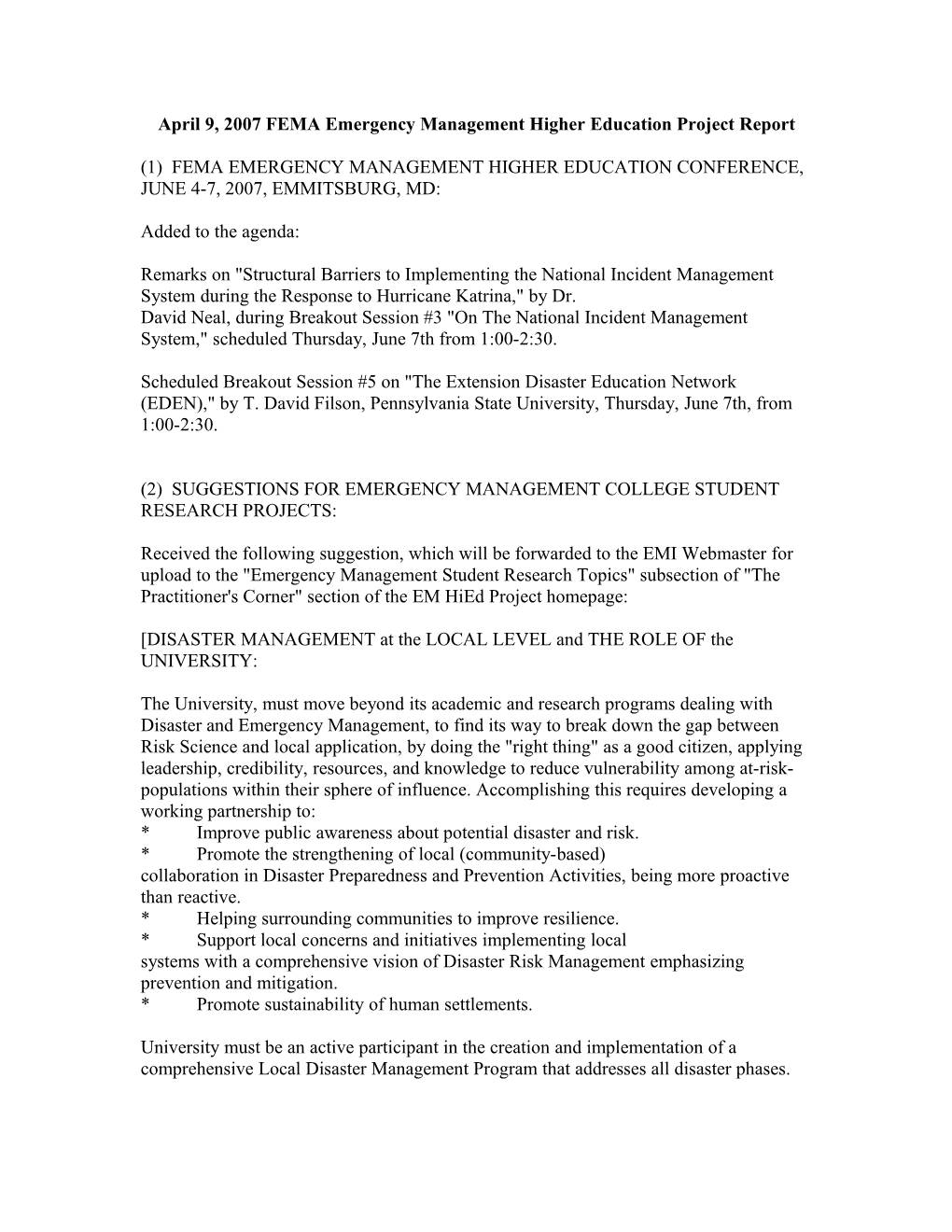 April 9, 2007 FEMA Emergency Management Higher Education Project Report