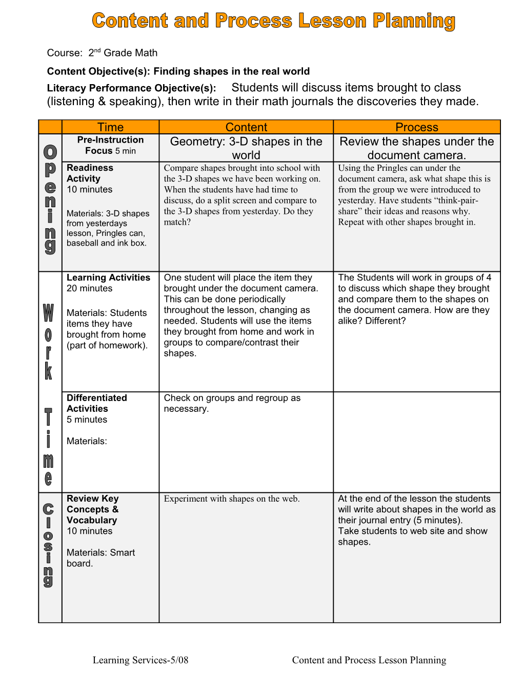 Learning Services-5/08 Content and Process Lesson Planning s1