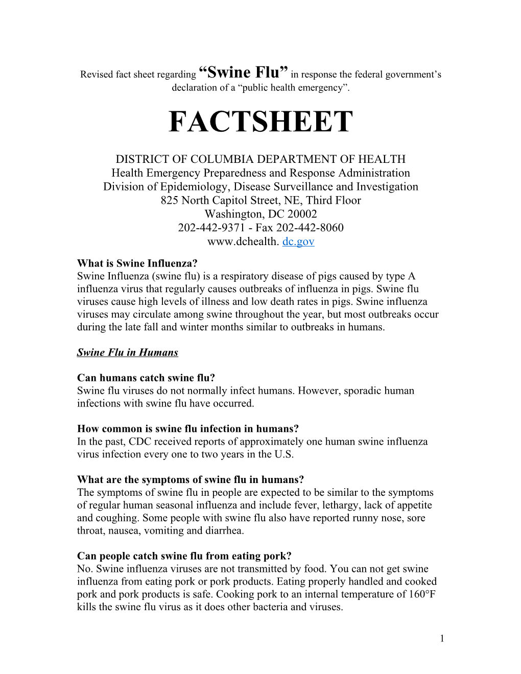 Revised Fact Sheet Regarding Swine Flu in Response the Federal Government S Declaration