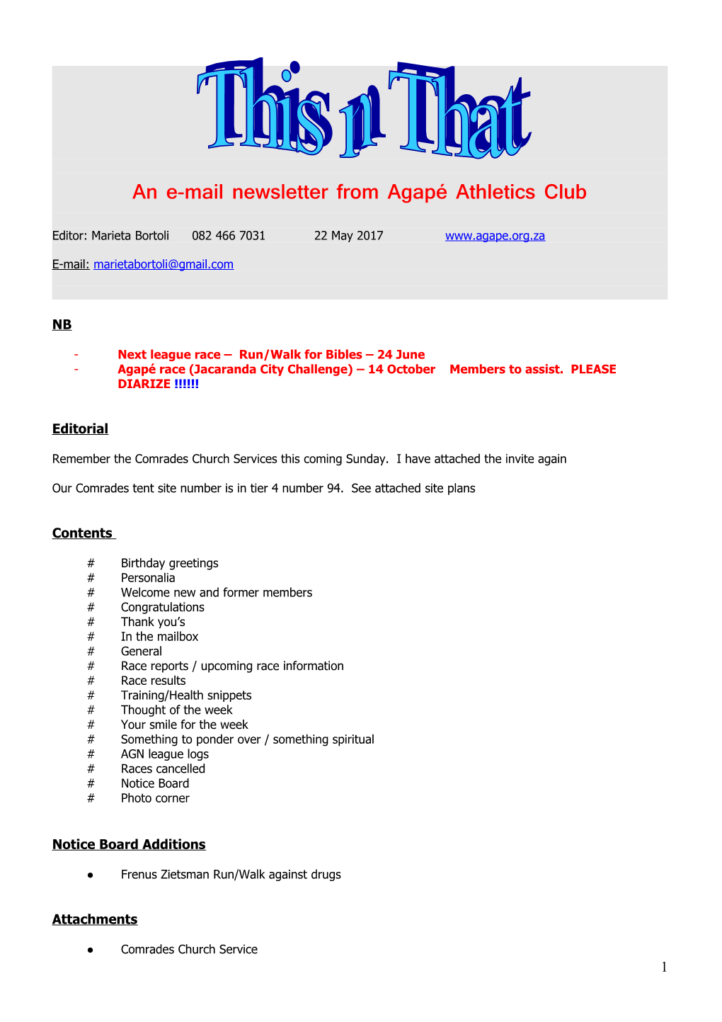 An E-Mail Newsletter from Agapé Athletics Club s2