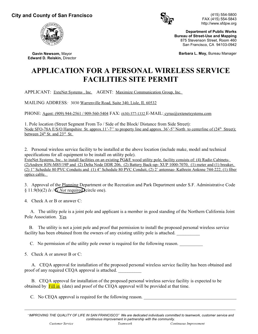 Application for a Personal Wireless Service Facilities Site Permit