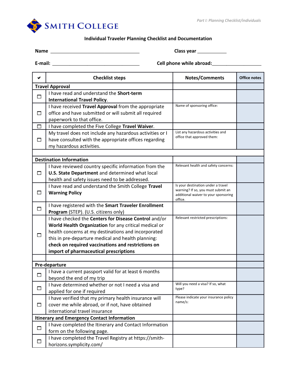 Individual Traveler Planning Checklist and Documentation