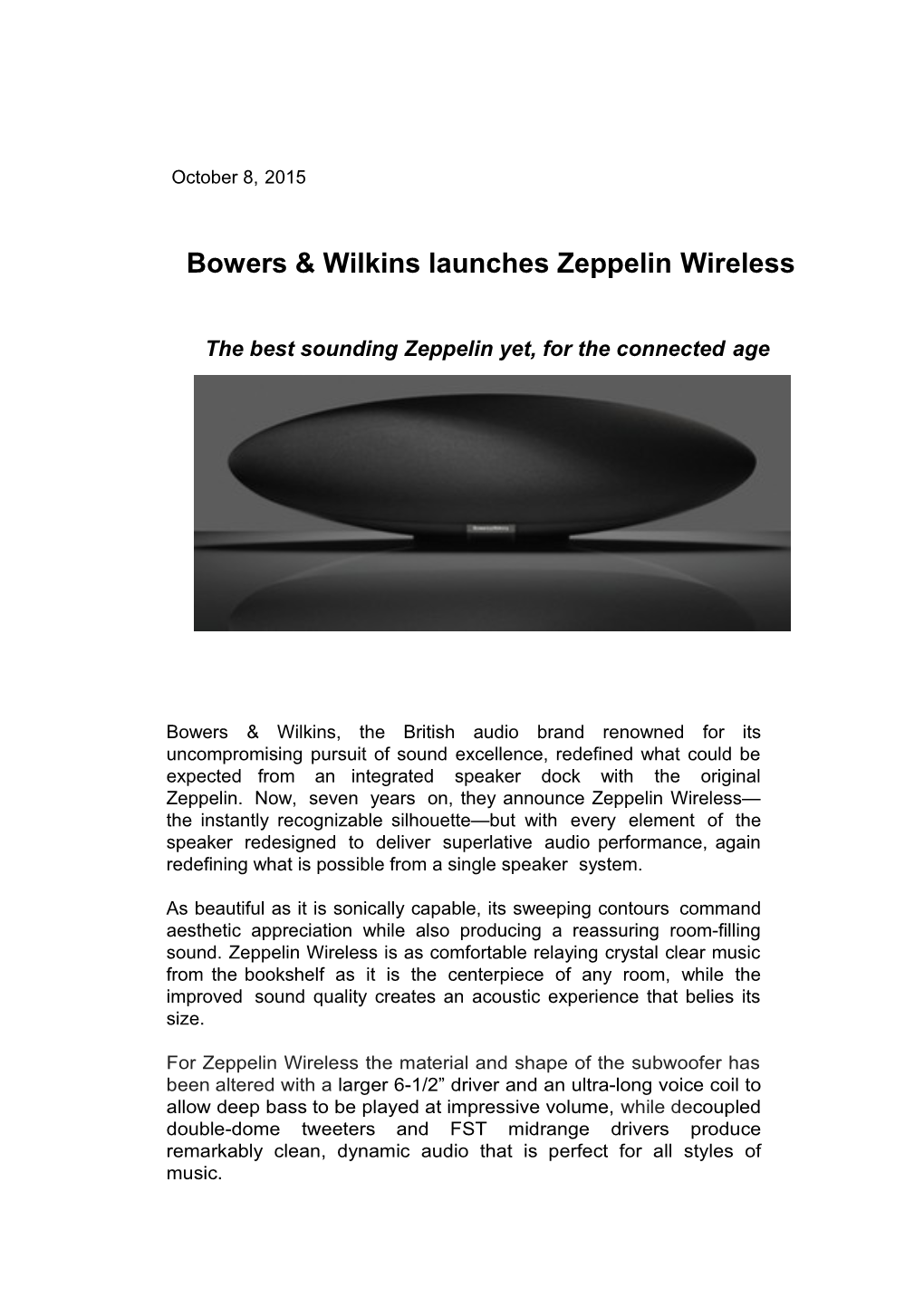 Bowers & Wilkins Launches Zeppelinwireless