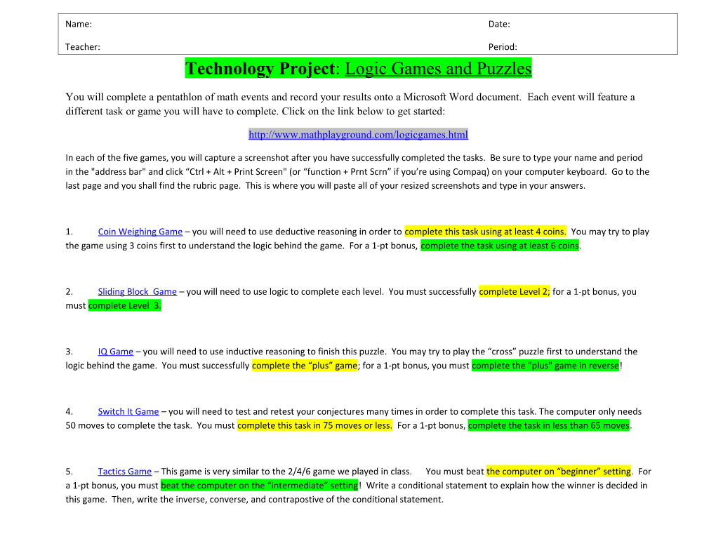 Technology Project: Logic Games and Puzzles