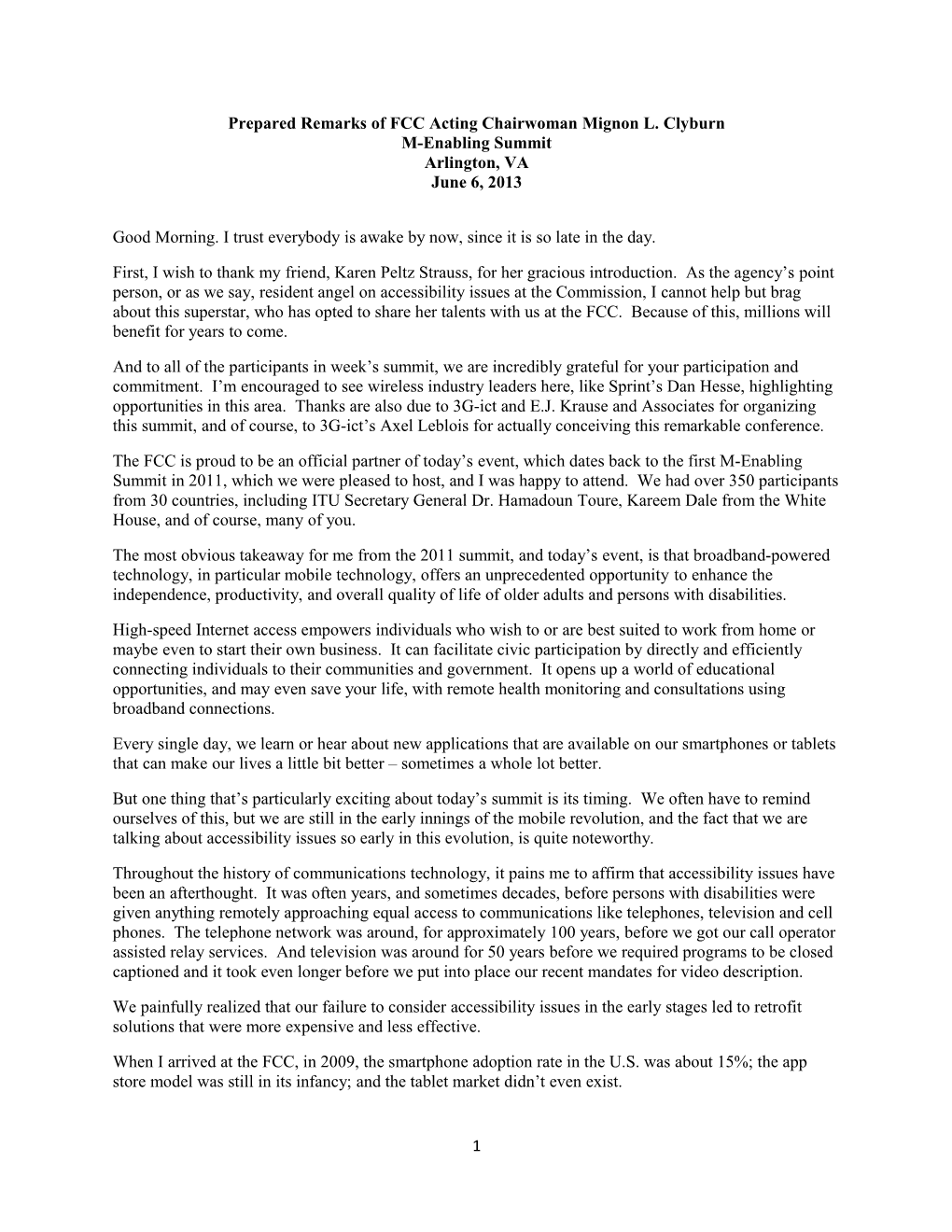 Prepared Remarks of FCC Acting Chairwoman Mignon L. Clyburn