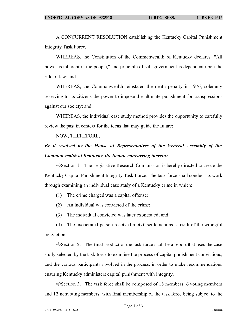 A CONCURRENT RESOLUTION Establishing the Kentucky Capital Punishment Integrity Task Force