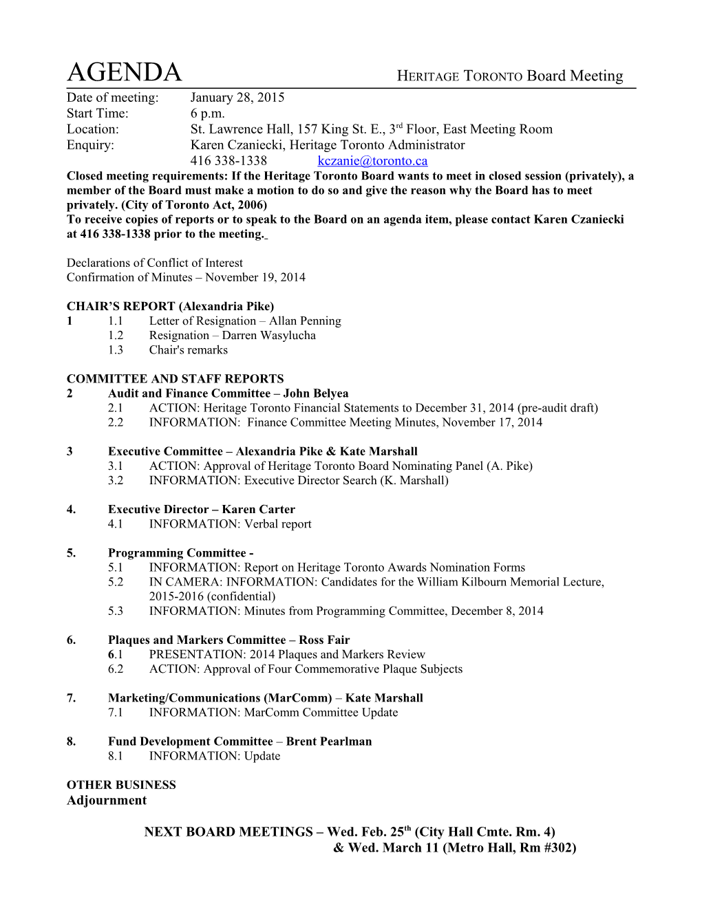 AGENDA Heritage Toronto Board Meeting