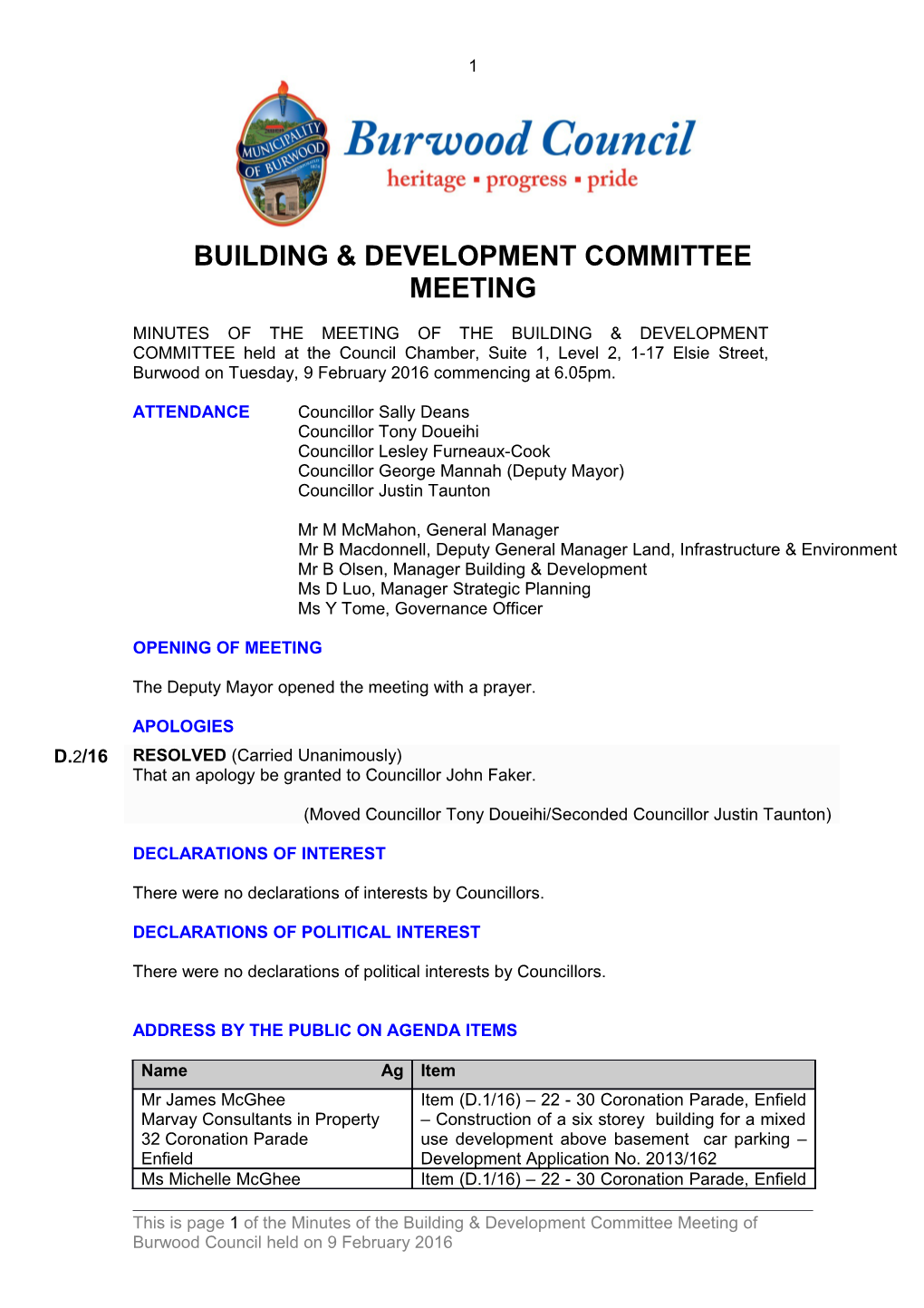Pro-Forma Minutes of Building & Development Committee Meeting - 9 February 2016