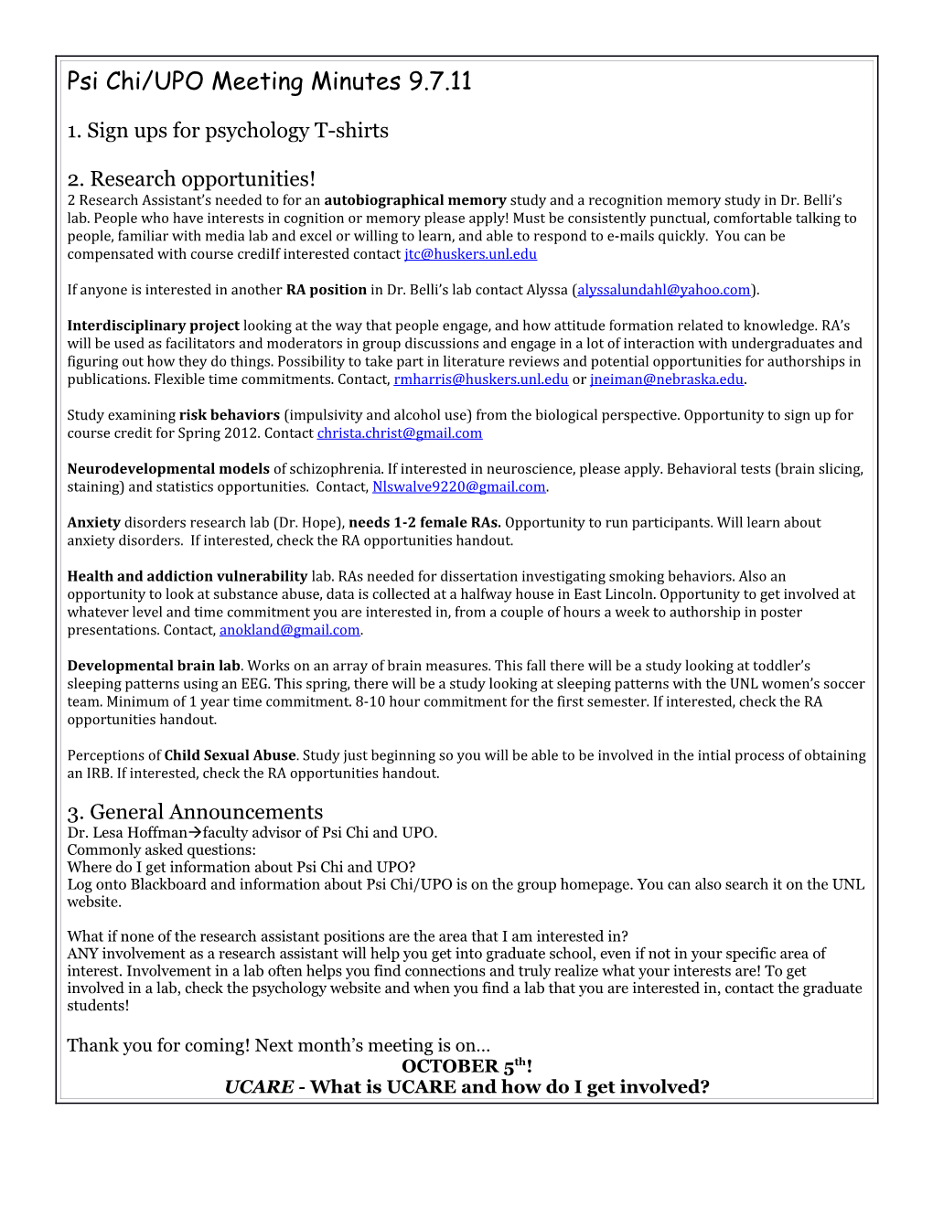 Psi Chi/UPO Meeting Minutes 9.7.11