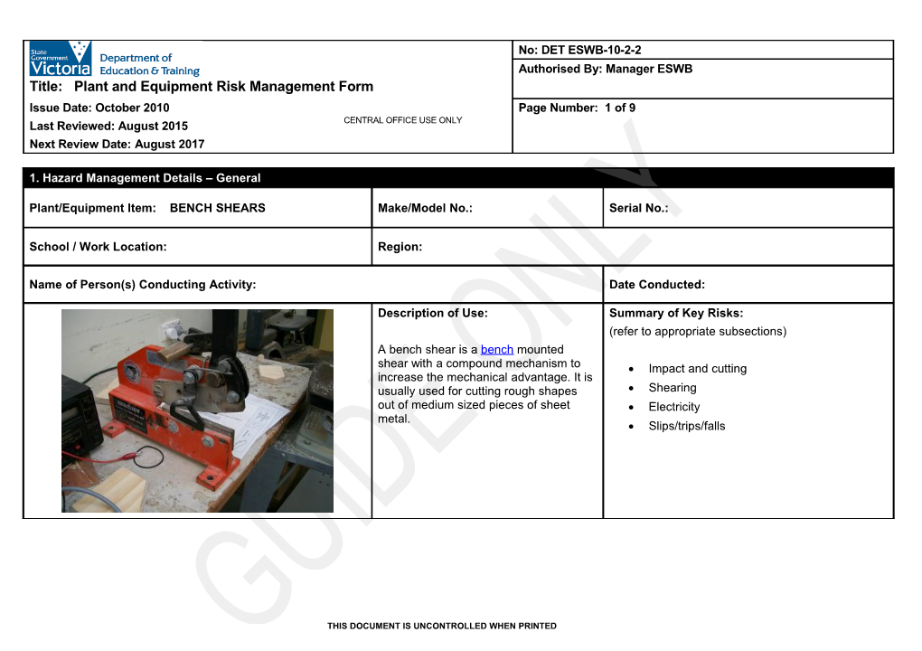 Plant and Equipment Risk Management Form - Bench Shears