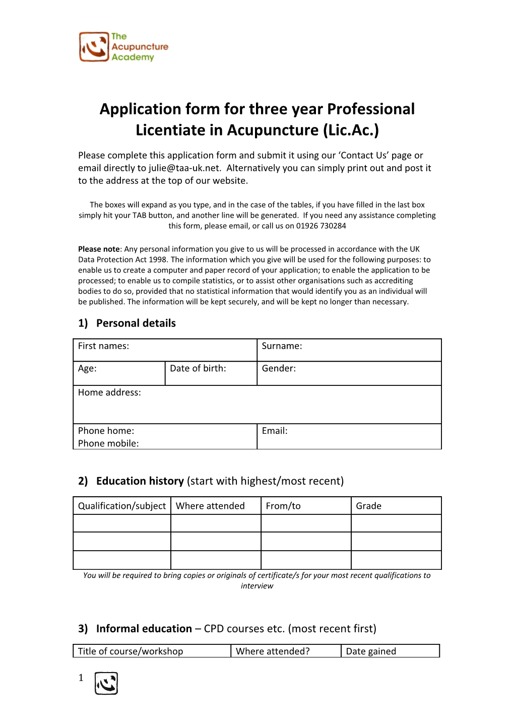 Application Form for Three Year Professional Licentiate in Acupuncture (Lic.Ac.)