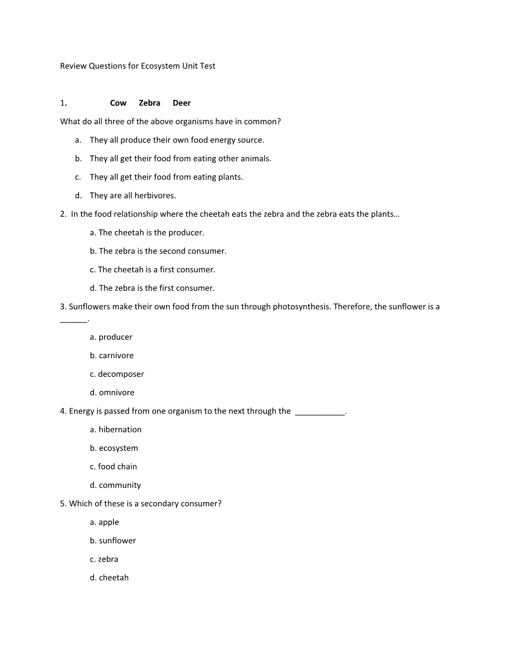 Review Questions for Ecosystem Unit Test