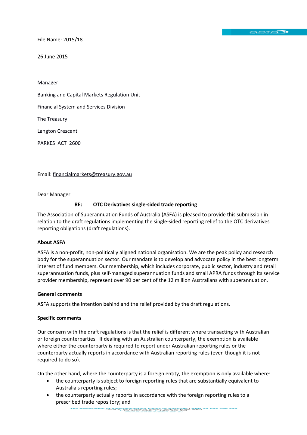 Association of Superannuation Funds of Australia - OTC Derivatives Central Clearing And