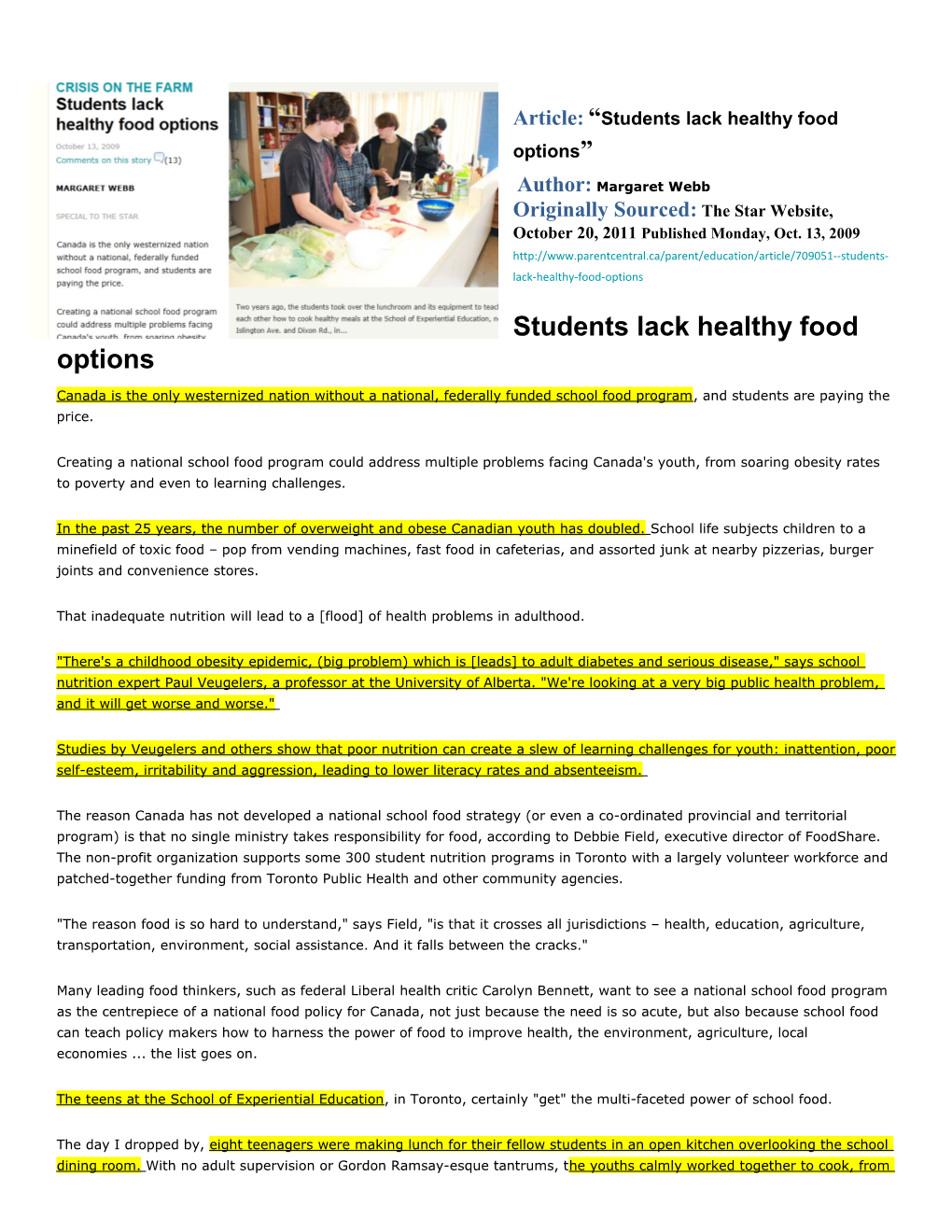 Article: Students Lack Healthy Food Options