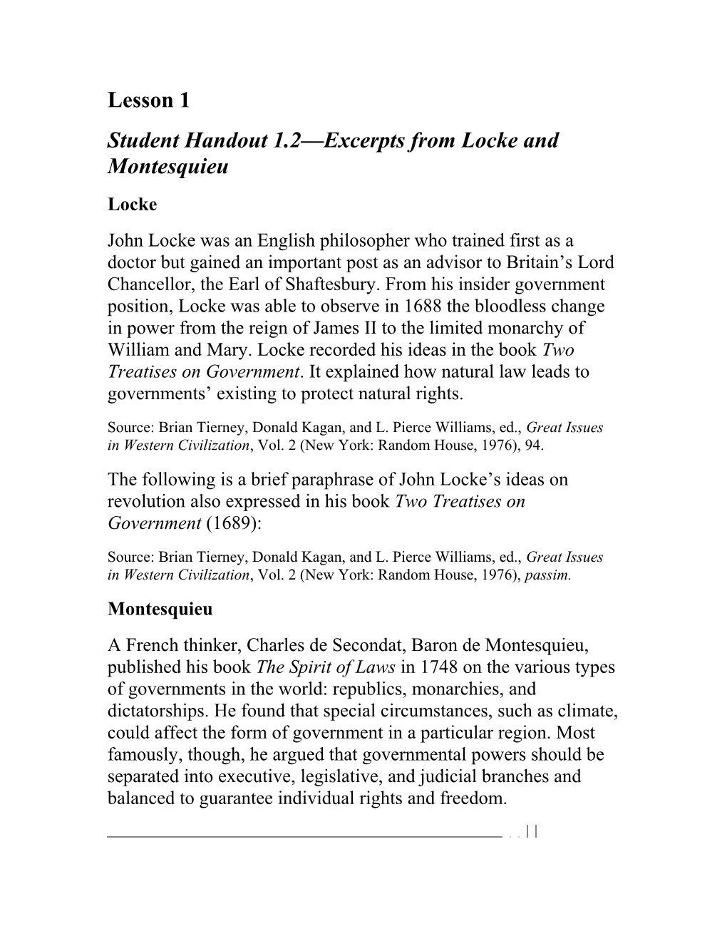 Student Handout 1.2 Excerpts from Locke and Montesquieu