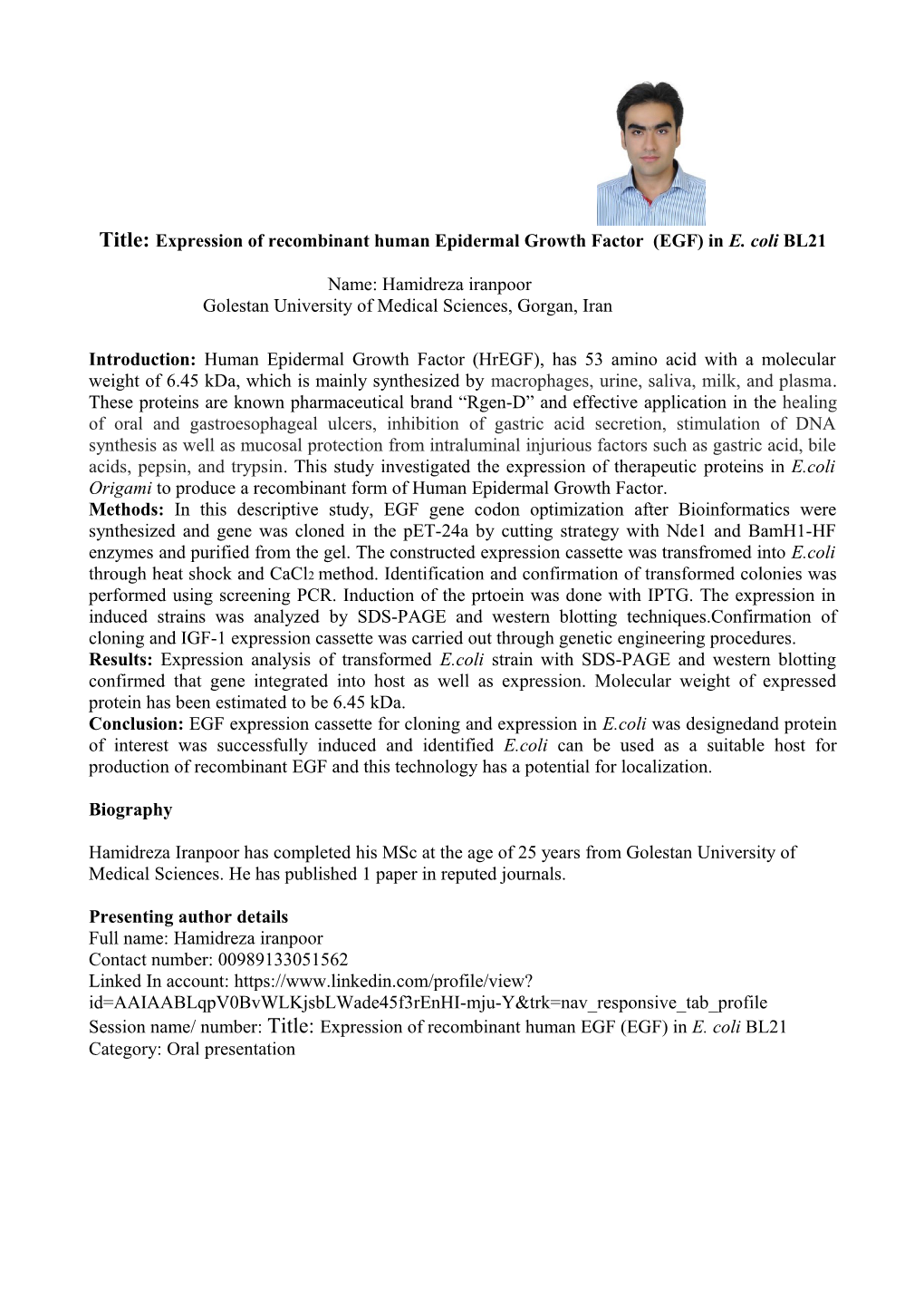 Title: Expression of Recombinant Human Epidermal Growth Factor (EGF) in E. Coli BL21