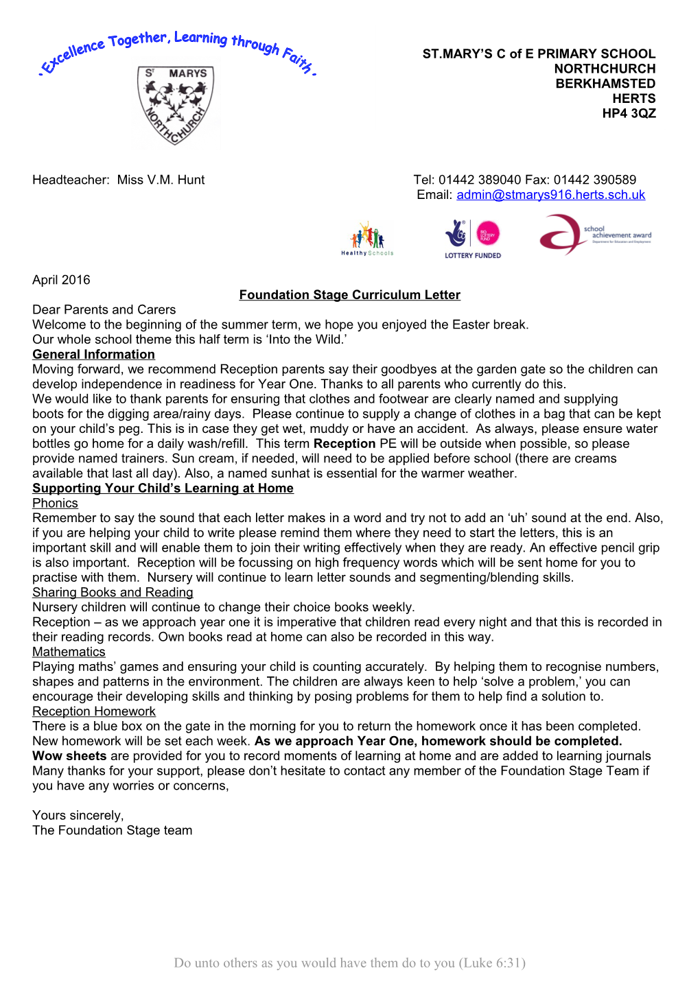 Foundation Stage Curriculum Letter