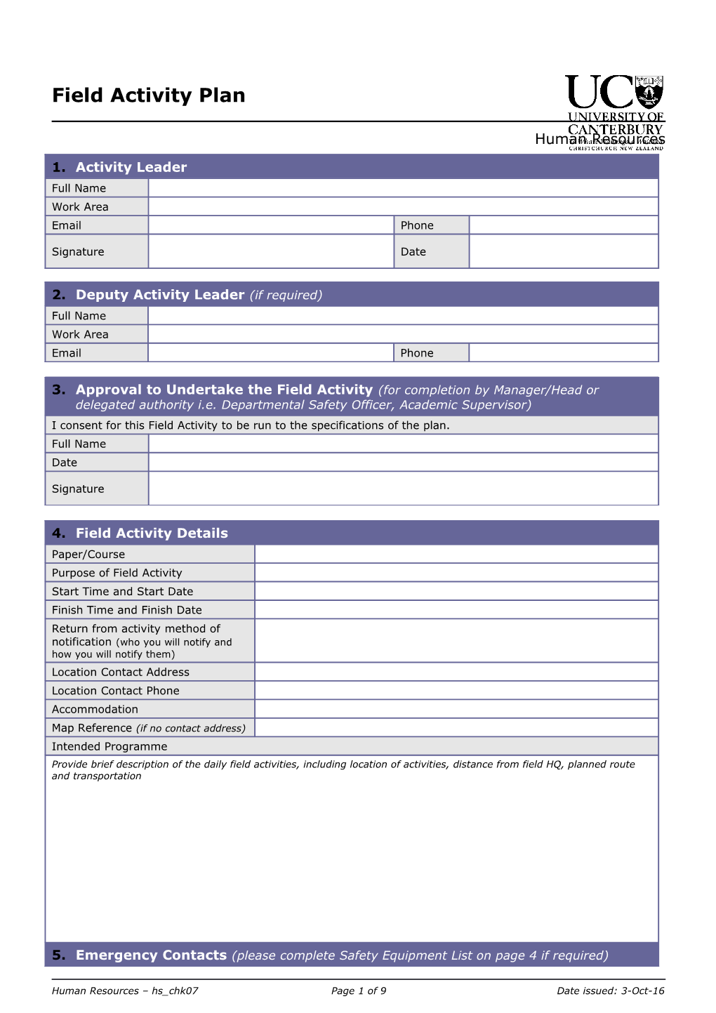 Field Activity Plan