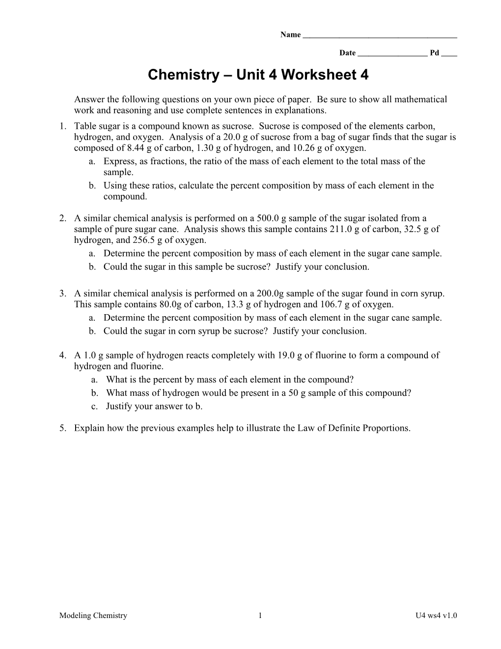 Chemistry Unit 4 Worksheet 4