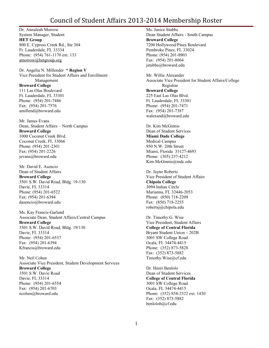 Council of Student Affairs 2013-2014 Membership Roster