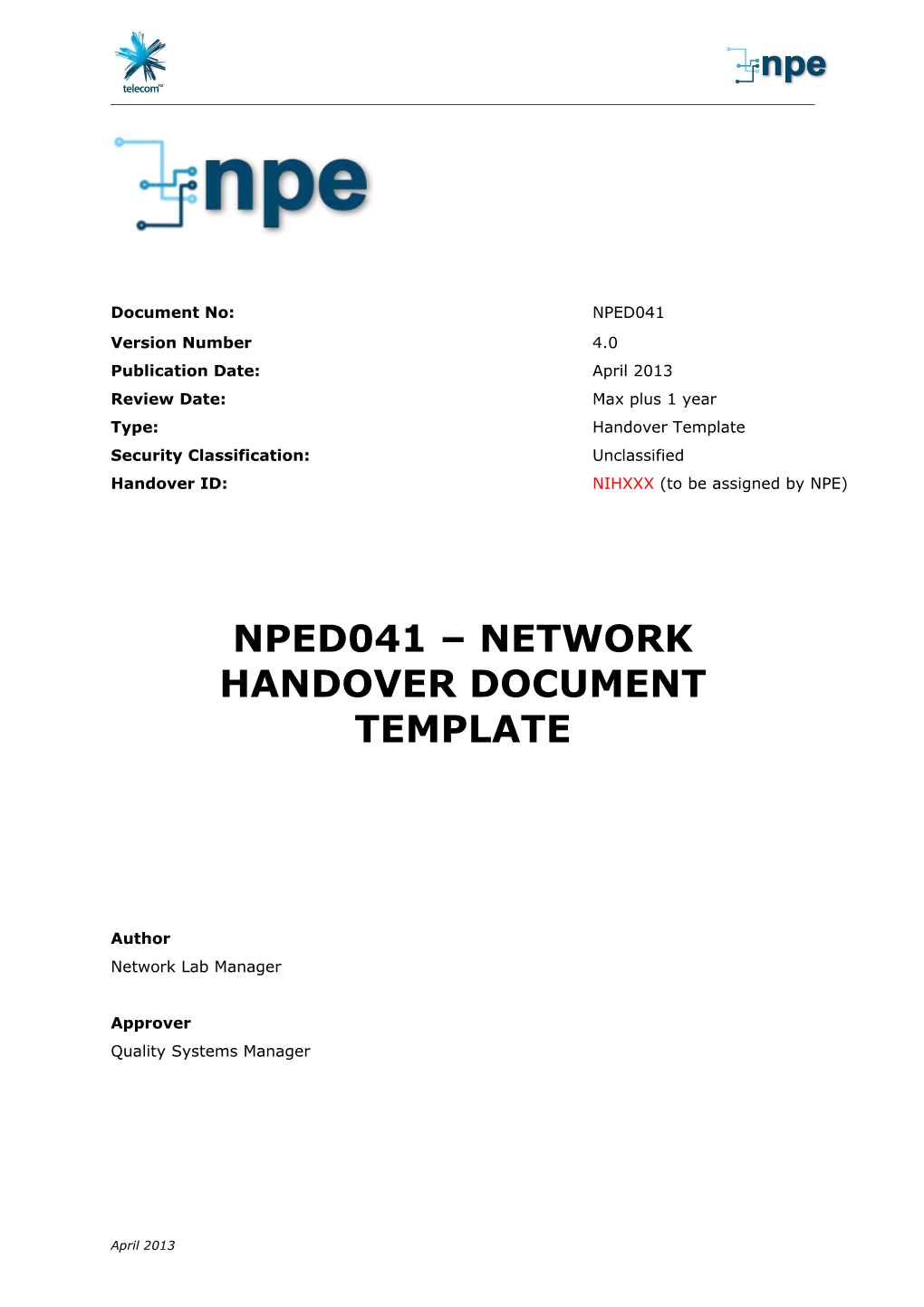 NPED041 - Network Handover Document Template