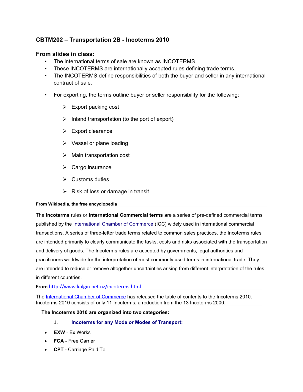 CBTM202 Transportation 2B - Incoterms 2010