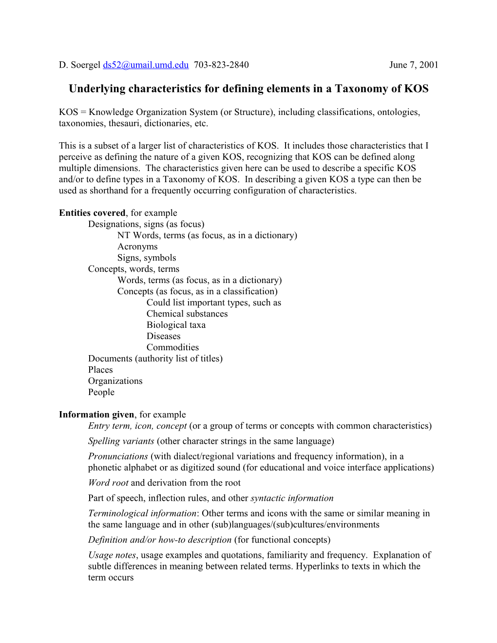 Underlying Characteristics for Defining Elements in a Taxonomy of KOS