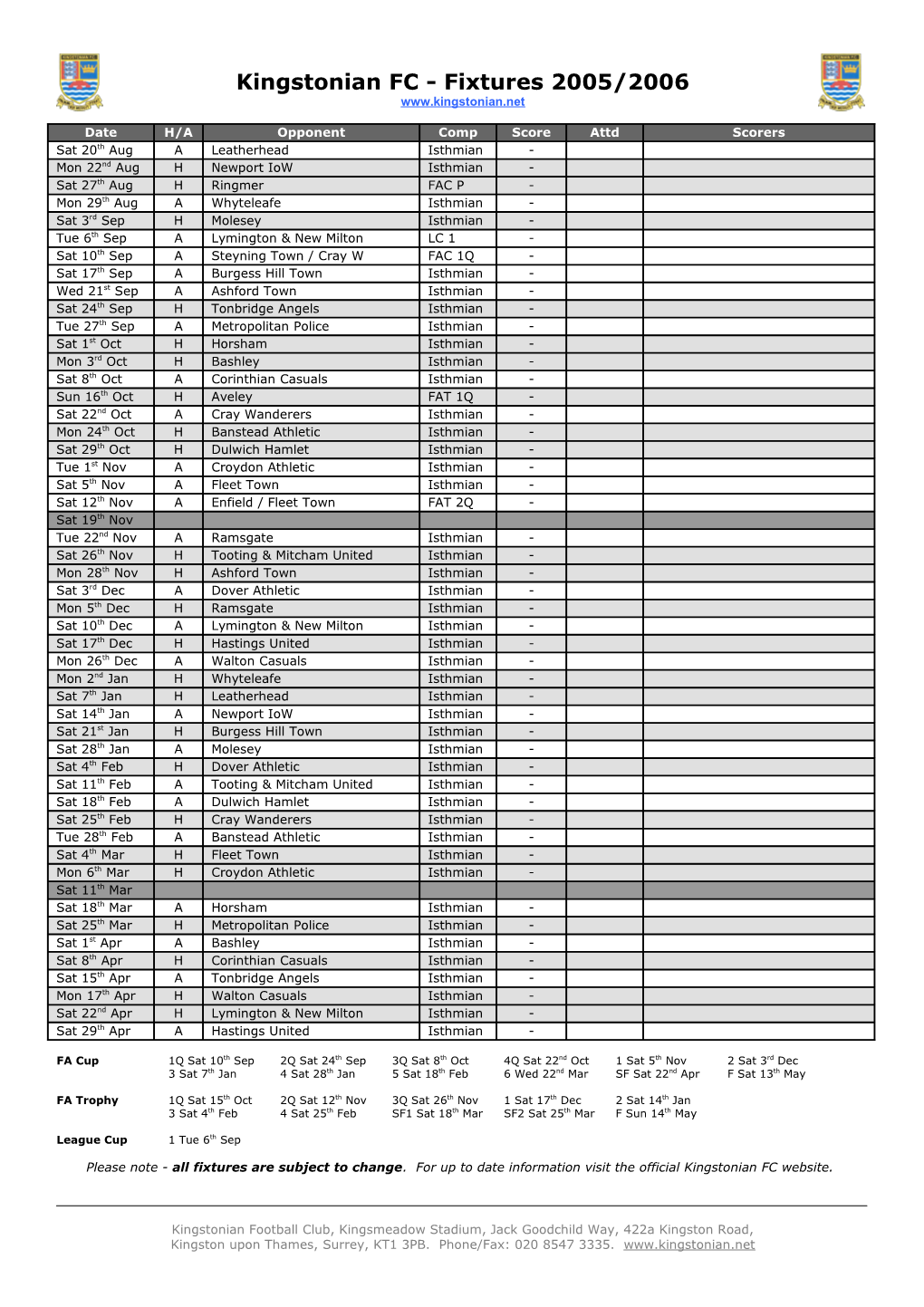 Kingstonian FC Fixtures 2003/2004