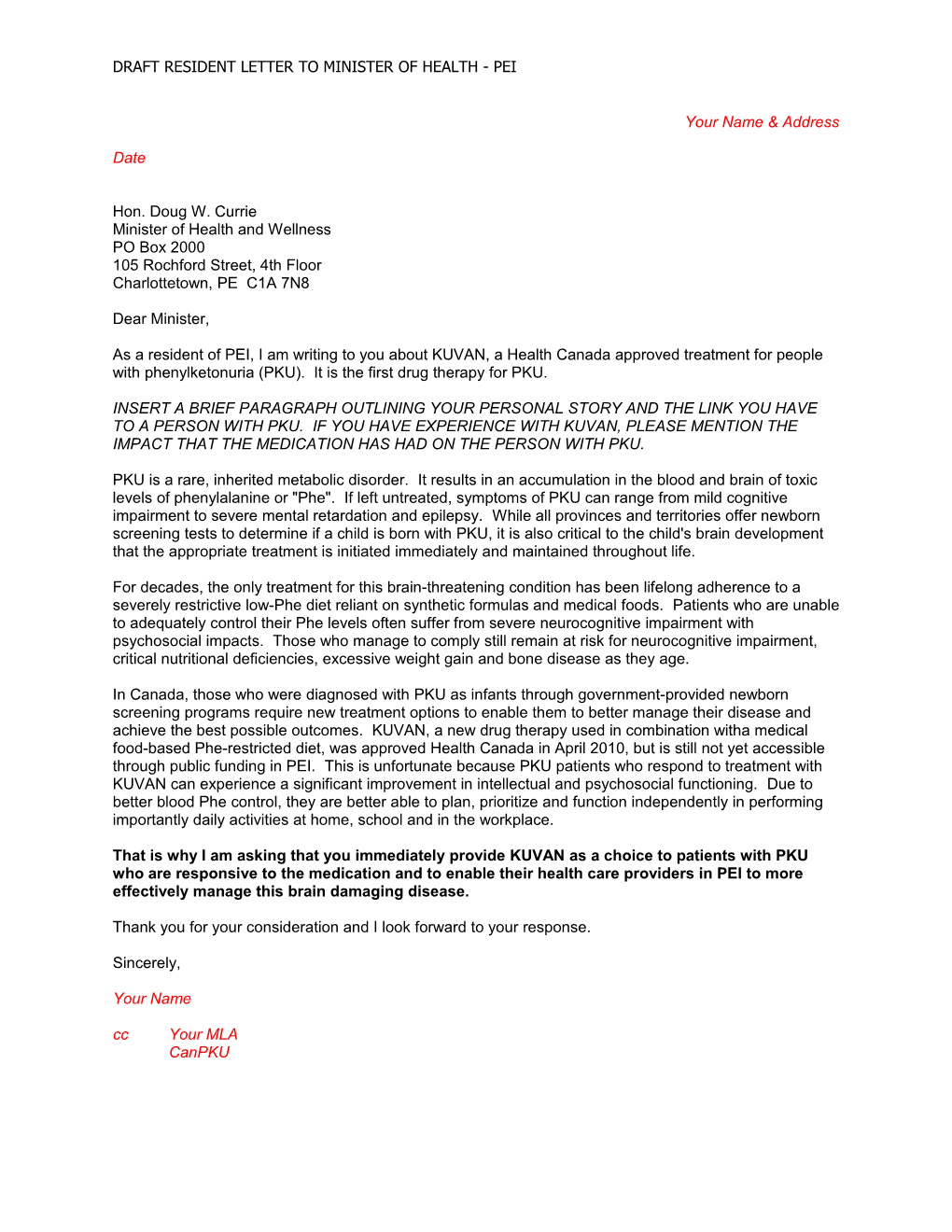 Draft Resident Letter to Minister of Health - Pei