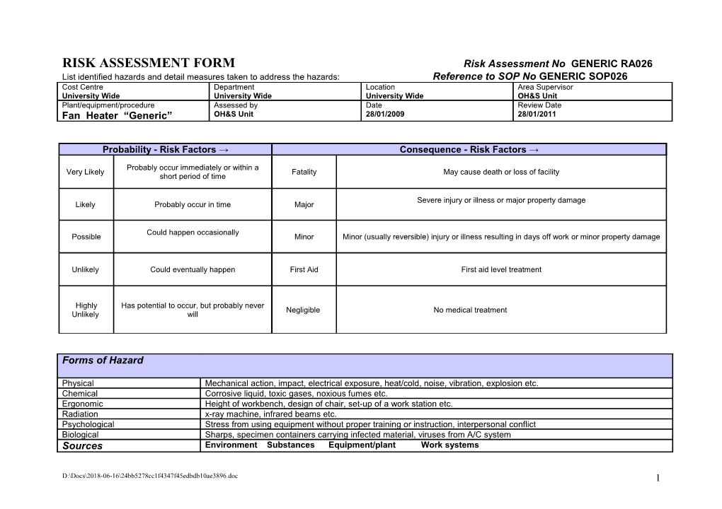 Record of Risk Assessment