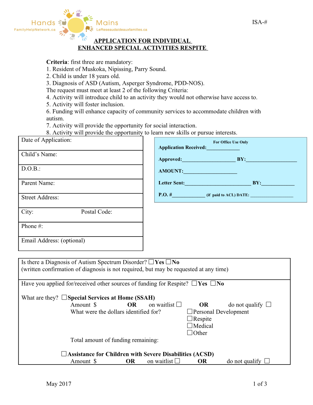 Application for Enhanced Respite Asd