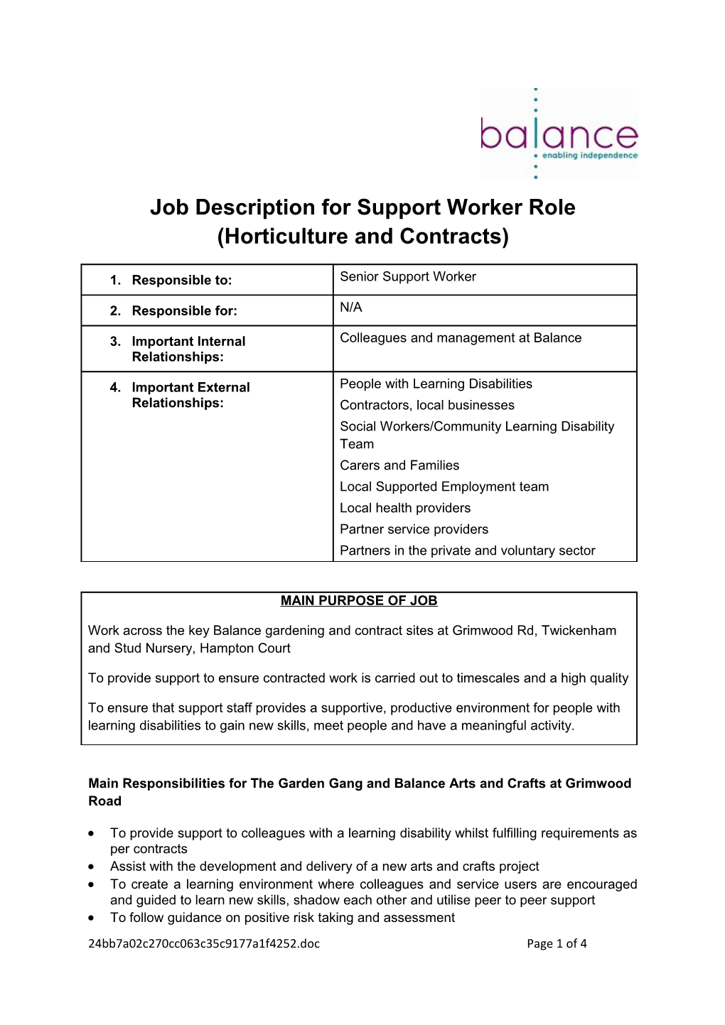 Job Description for Support Worker Role (Horticulture and Contracts)