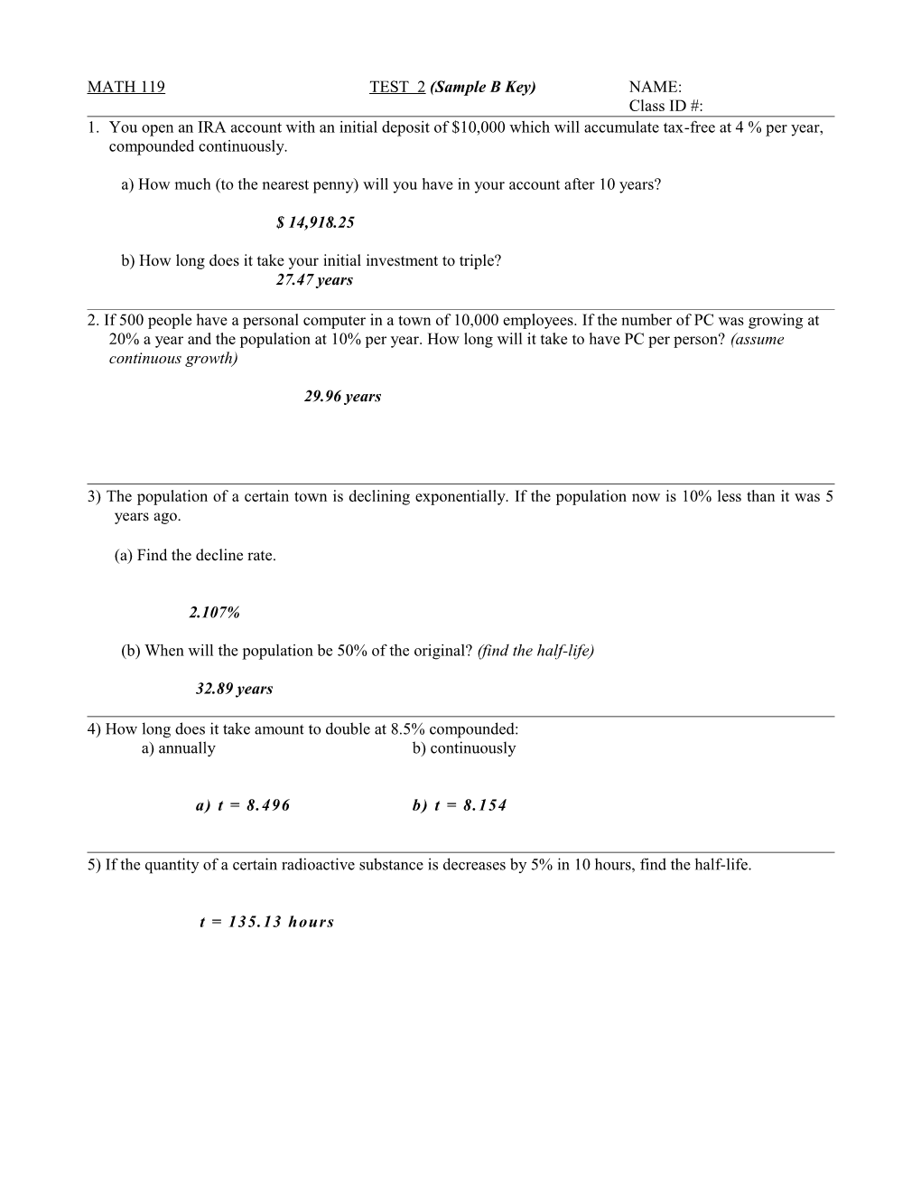 MATH 119 TEST 2(Sample B Key)NAME