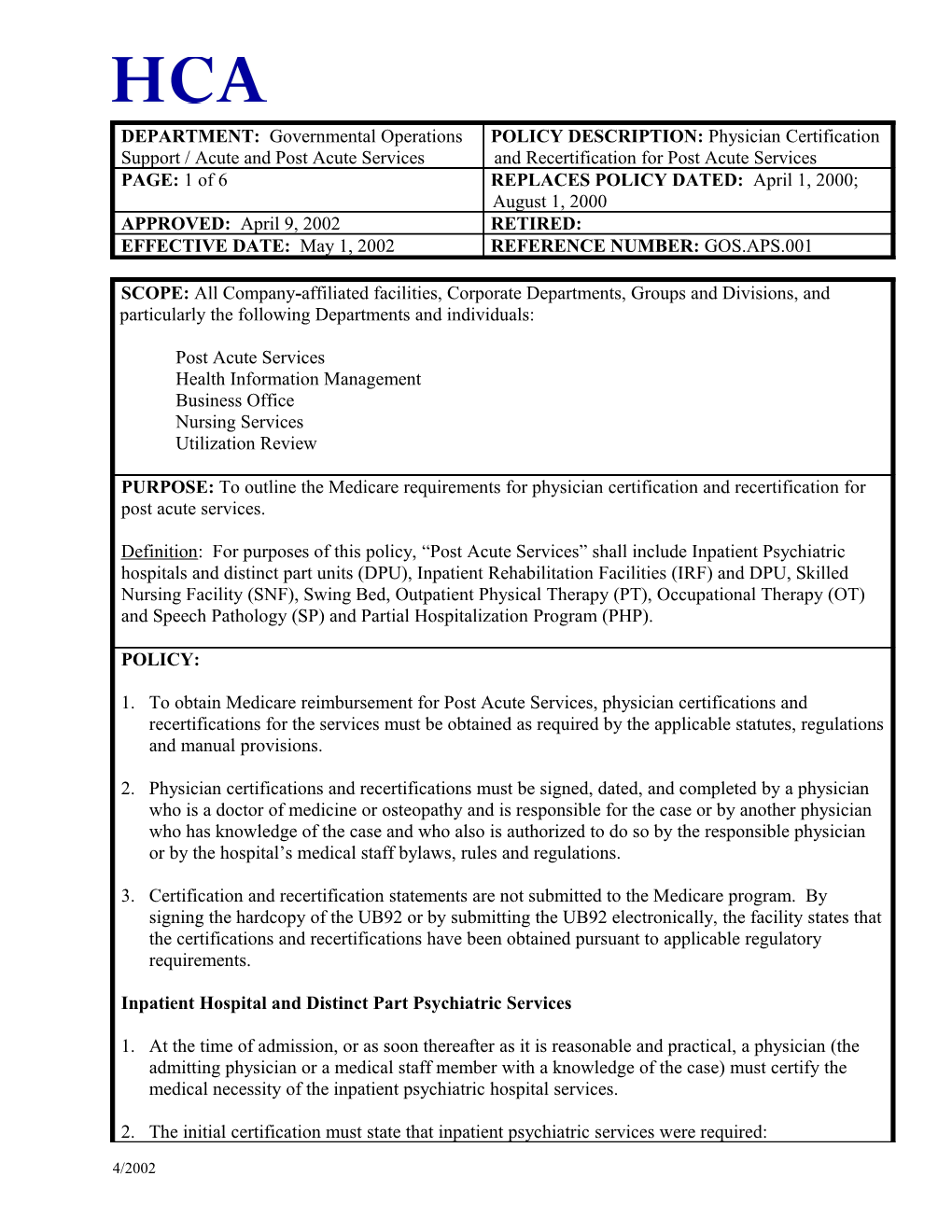 Inpatient Hospital and Distinct Part Psychiatric Services