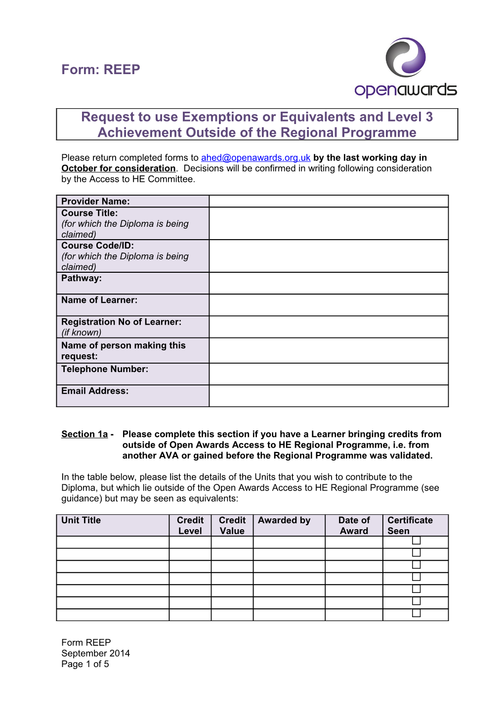 Section 1A - Please Complete This Section If You Have a Learner Bringing Credits From