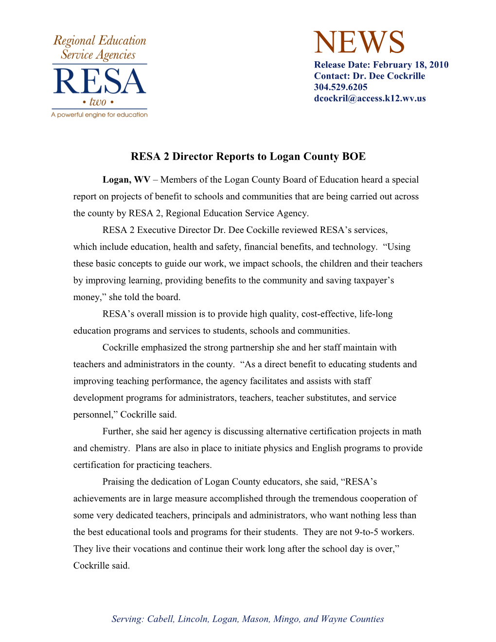 RESA 2 Director Reports to Logan County BOE