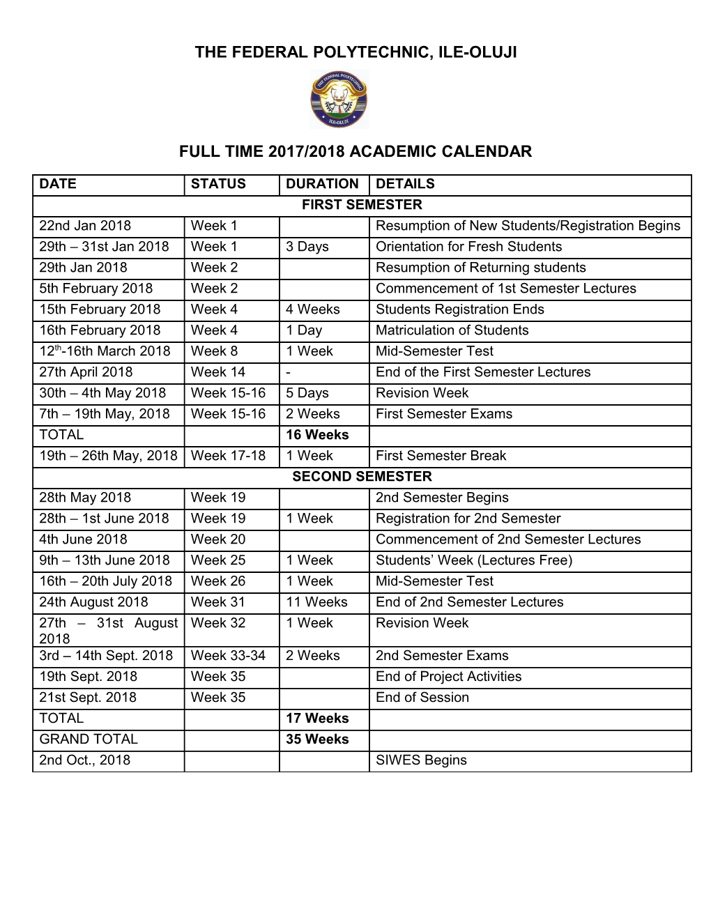 Full Time 2017/2018 Academic Calendar