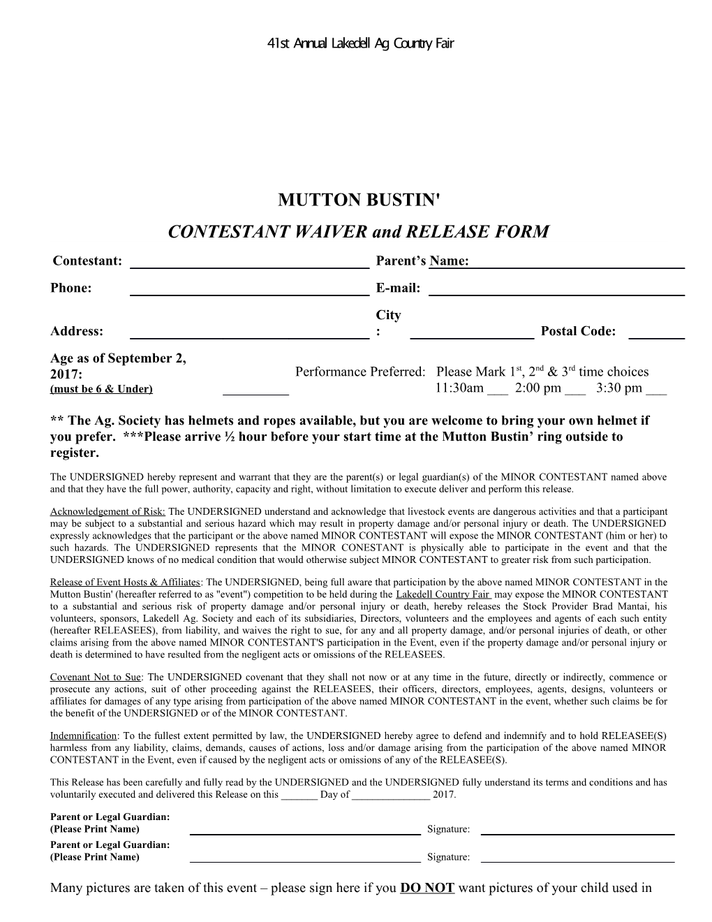 CONTESTANT WAIVER and RELEASE FORM
