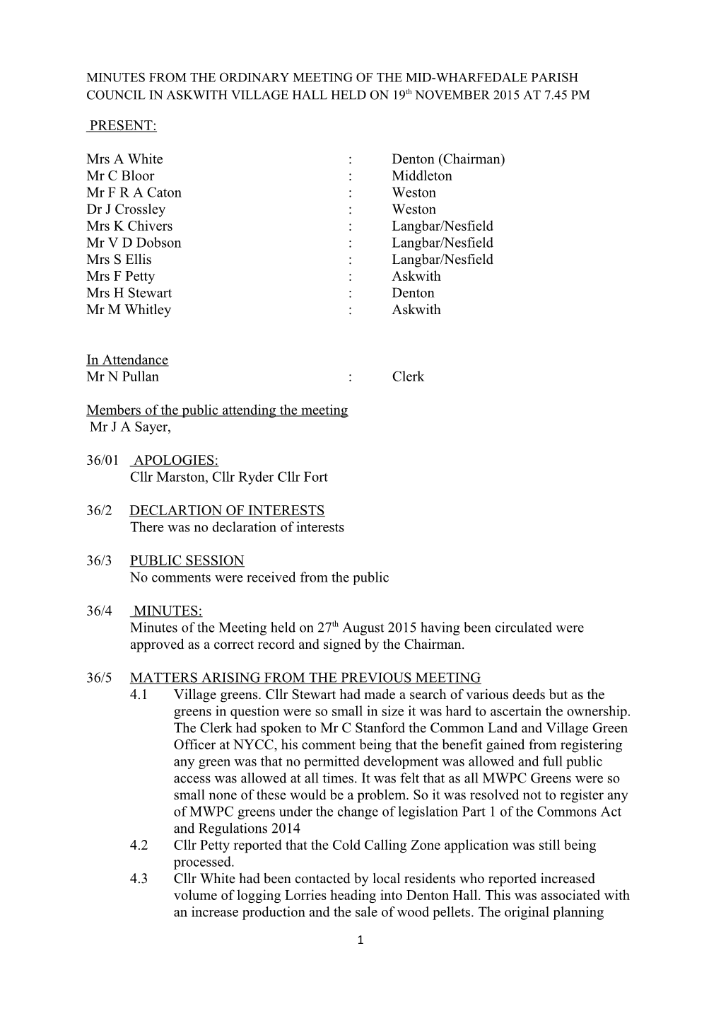 Minutes from the Meeting of the Mid-Wharfedale Parish Council