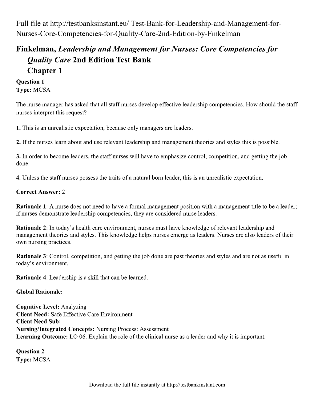 Finkelman, Leadership and Management for Nurses: Core Competencies for Quality Care 2Nd