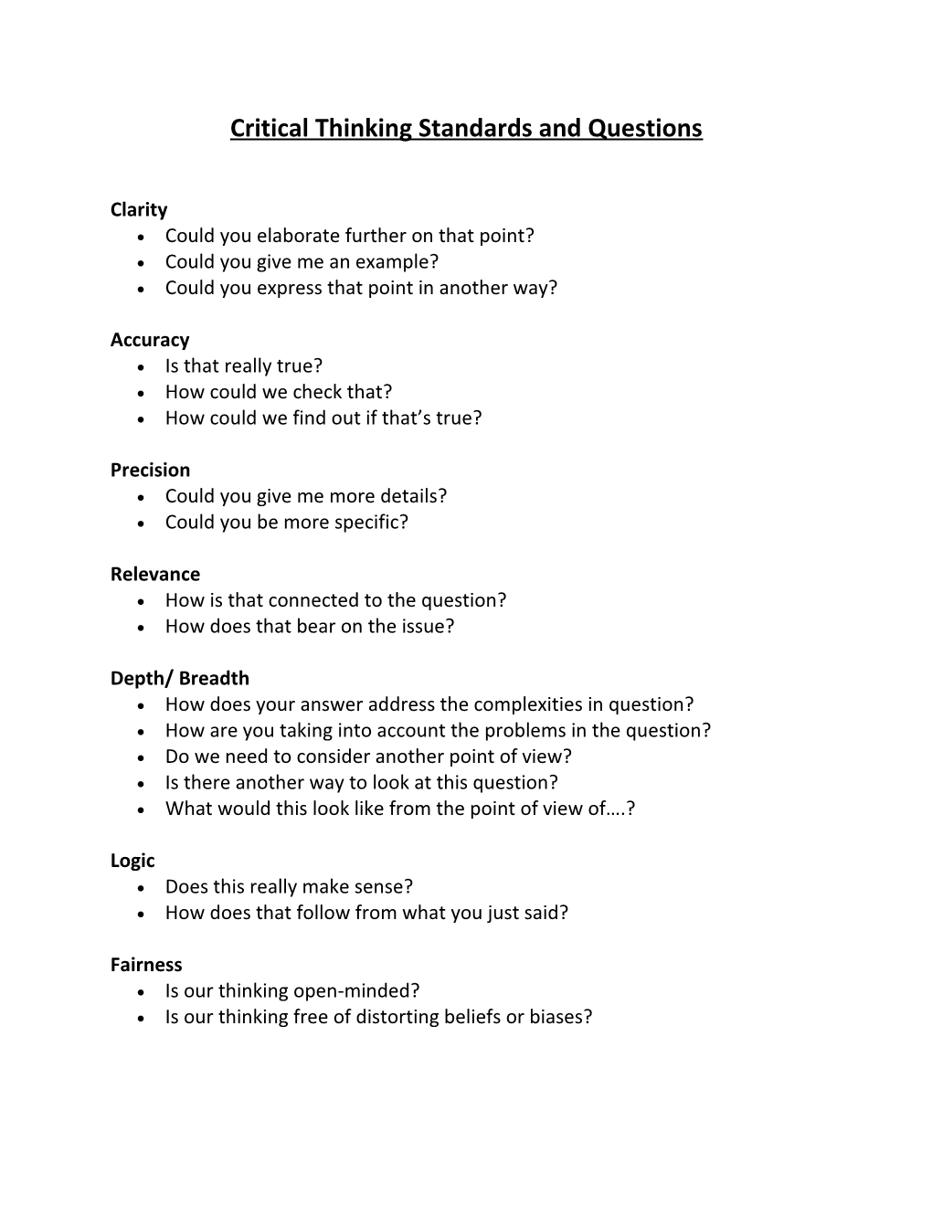 Critical Thinking Standards and Questions