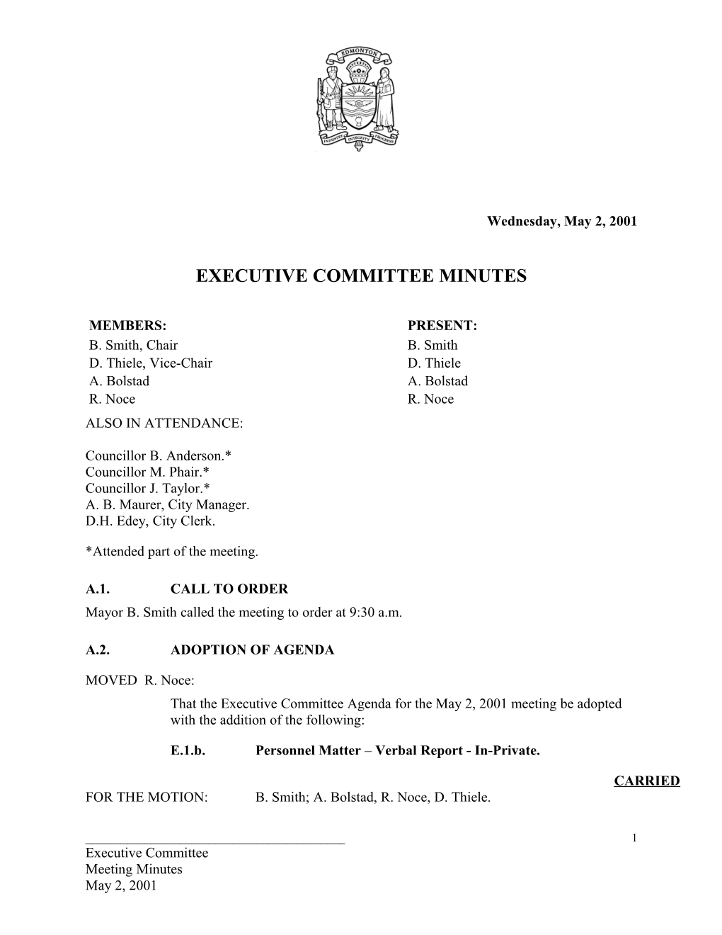 Minutes for Executive Committee May 2, 2001 Meeting