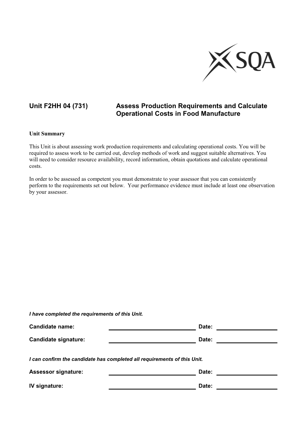 Unitf2hh 04(731)Assess Production Requirements and Calculate Operational Costs in Food