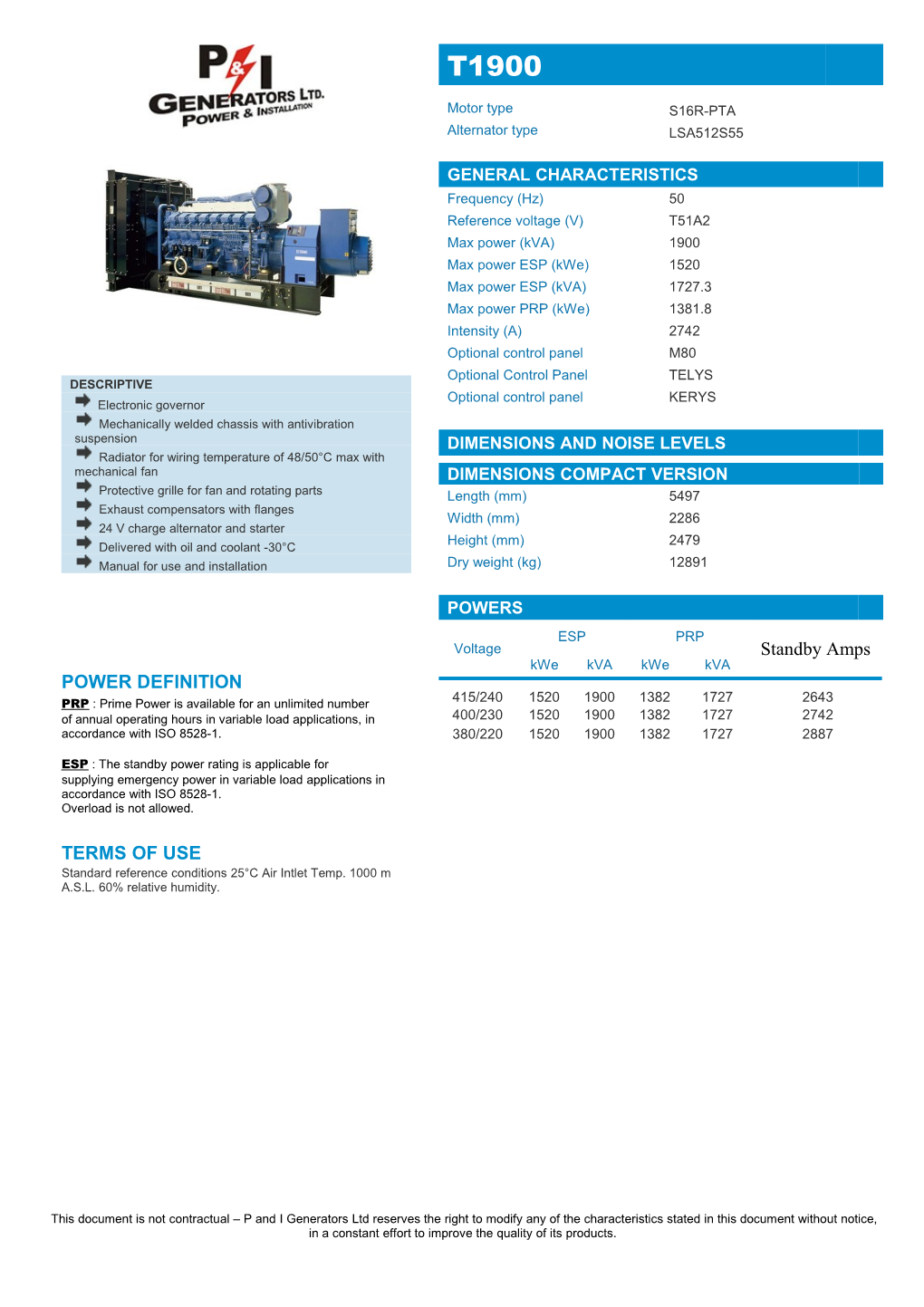 This Document Is Not Contractual P and I Generators Ltd Reserves the Right to Modify Any