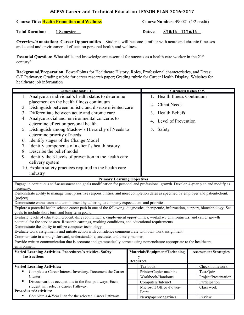 MCPSS Career and Technical Education LESSON PLAN 2016-2017