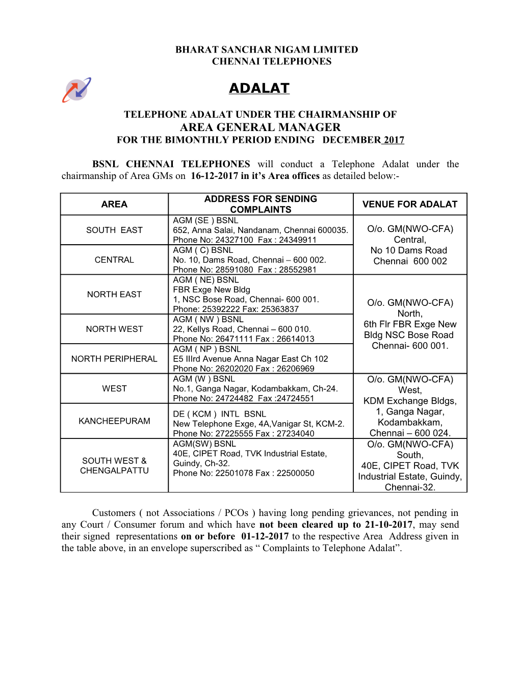 Telephone Adalat Under the Chairmanship Of