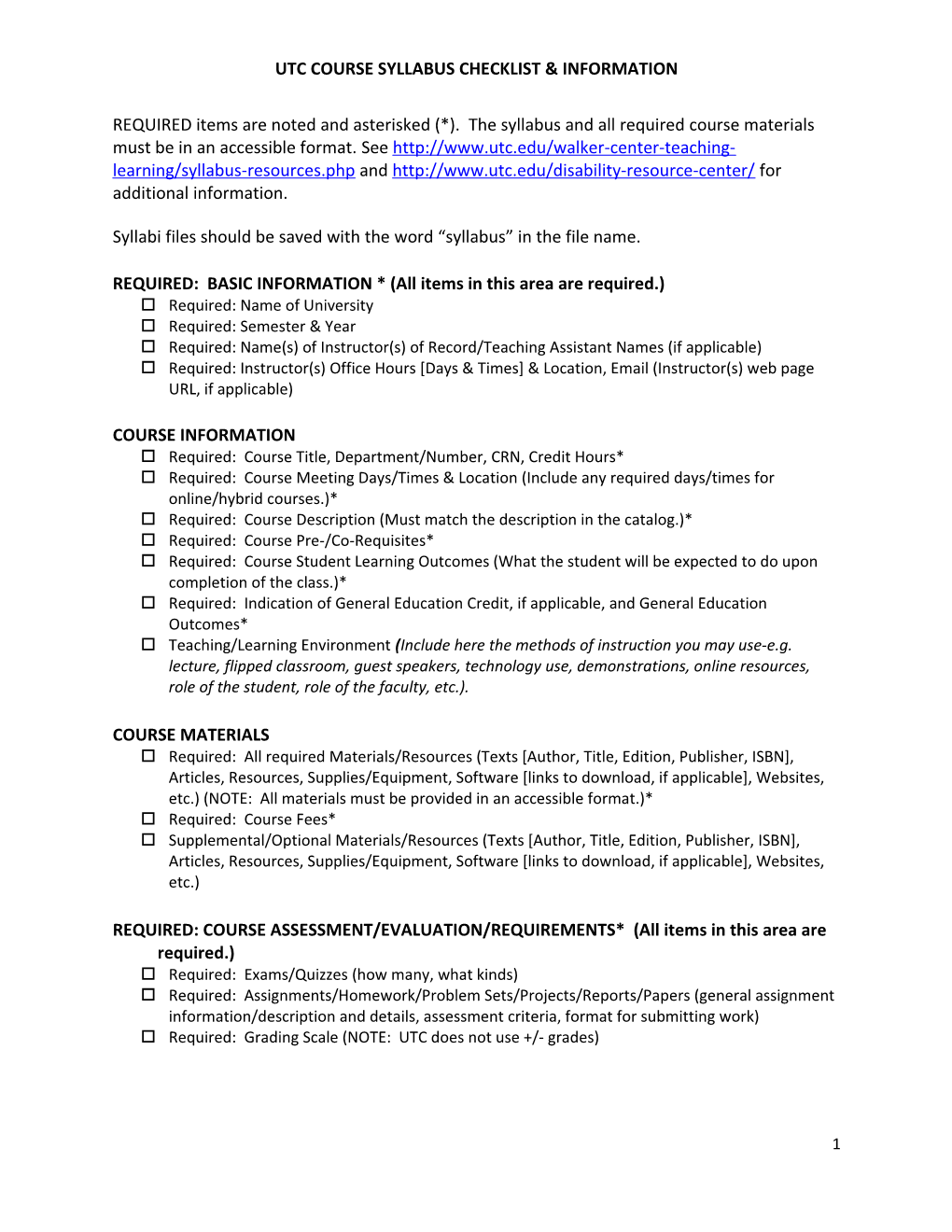 Utc Course Syllabus Checklist & Information